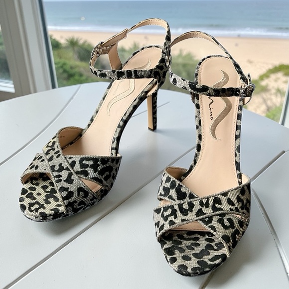 Nina Shoes - Nina Sparkle Silver Leopard Print Heeled Sandals with Ankle Strap